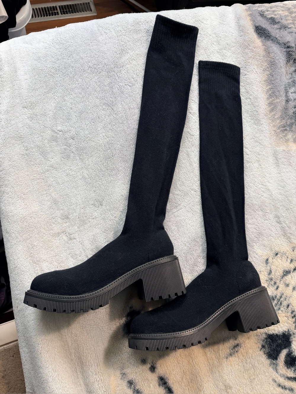 Black Over-the-Knee Sock Boots - Women's Stretch Platform Boots